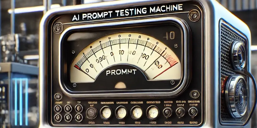 Image of machine that looks like its from a 1950's laboratory with an analog meter showing accuracy of an AI prompt.