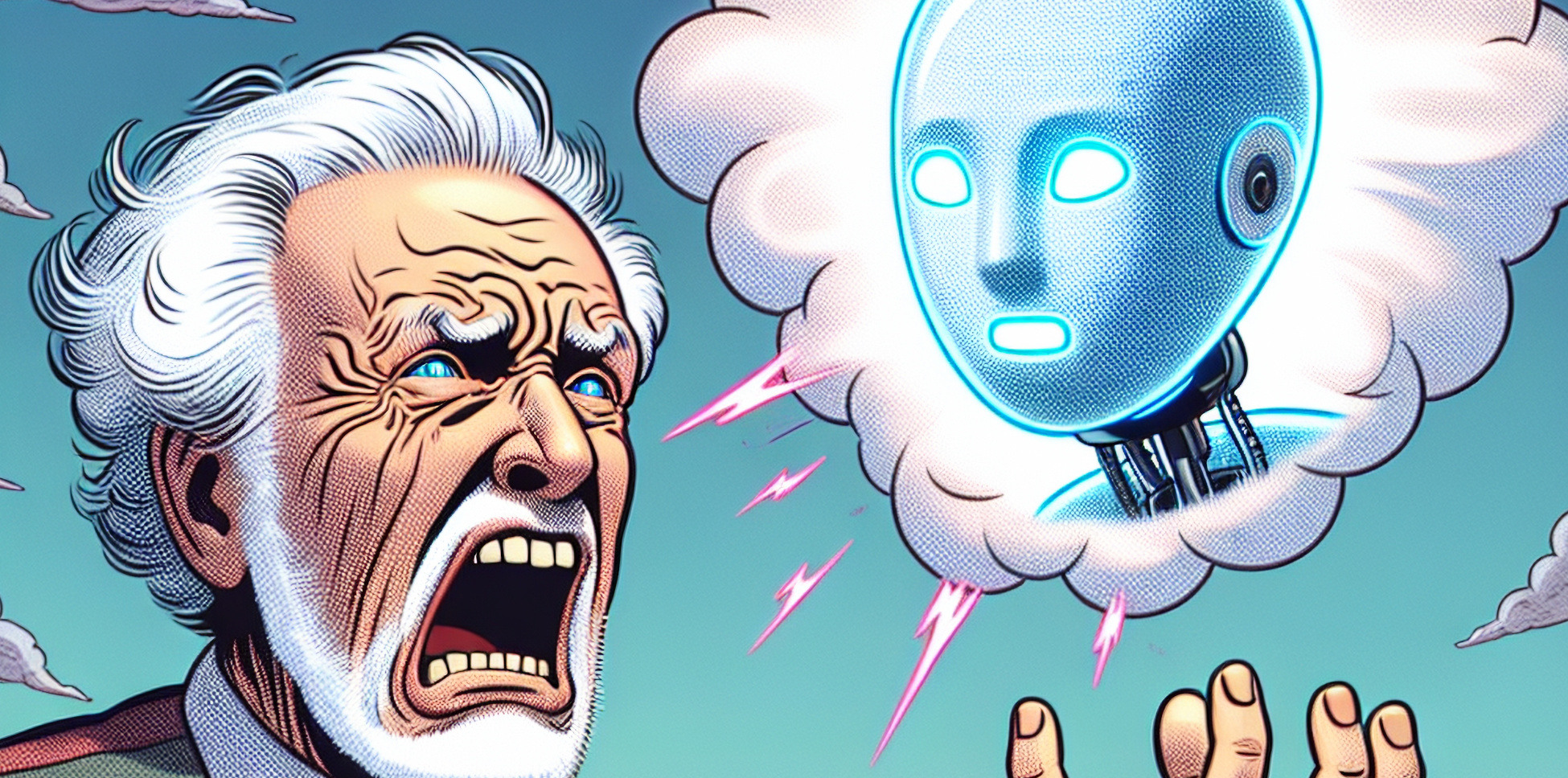 Old man shouting at AI chatbot in the cloud.